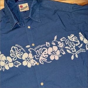 VTG Tommy Hilfiger Shirt Mens L Blue Floral Tropical Hibiscus Y2K 2000 Cotton